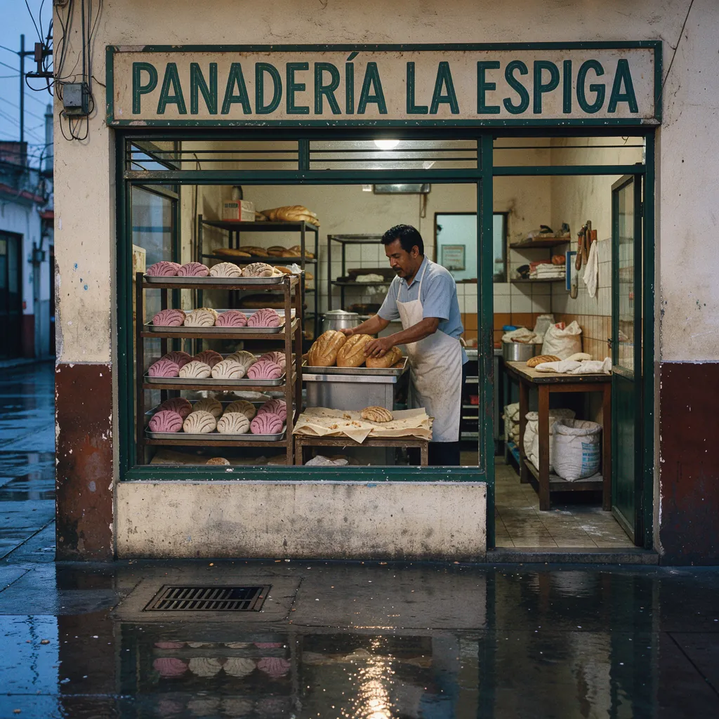 A bakery window glows beneath a painted Spanish sign