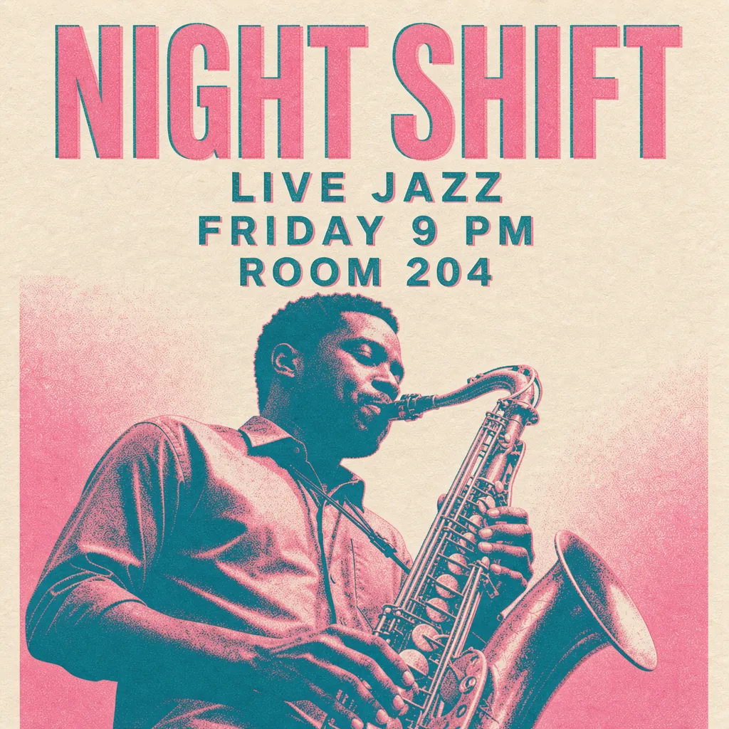 A pink and teal jazz poster with a saxophone player
