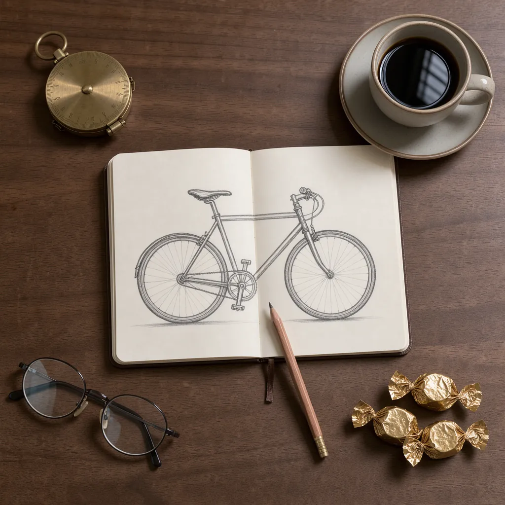 A notebook, compass, coffee, caramels and glasses on a desk