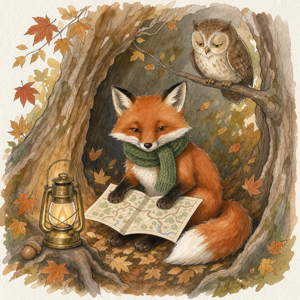 A fox reads a map by lantern light while an owl watches