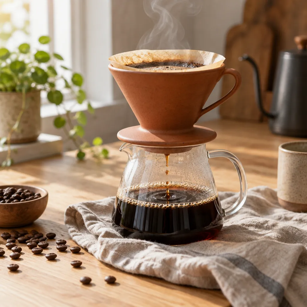 A ceramic coffee dripper on a glass carafe with linen and coffee beans