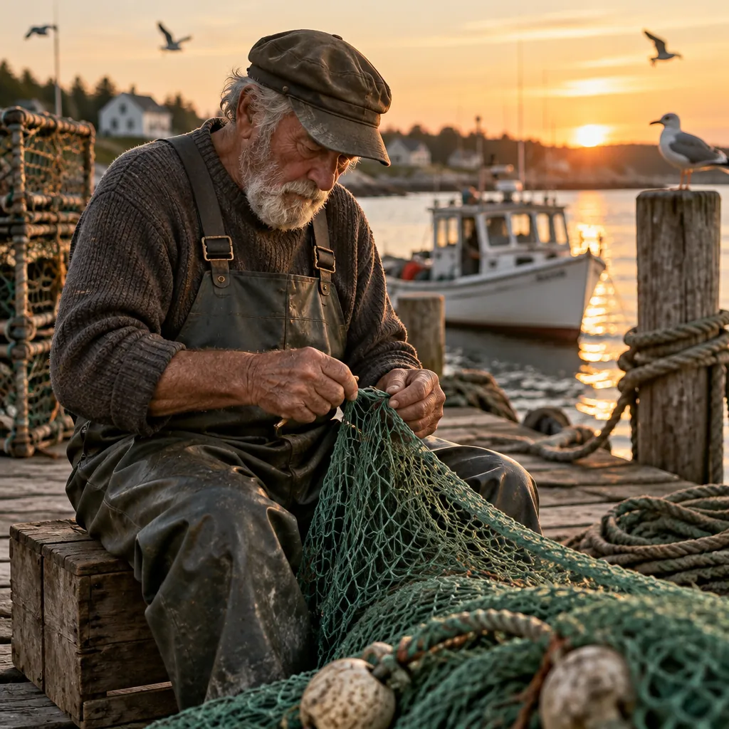 An elderly fisherman mends a green net on a wooden dock