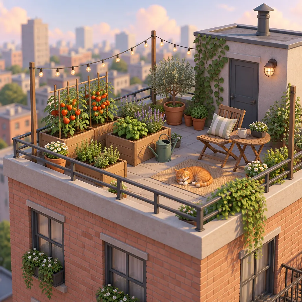 An isometric illustration of a rooftop garden with a sleeping orange cat