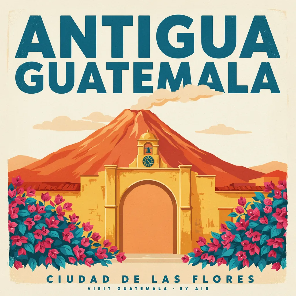 A vintage travel poster shows an arch and volcano in Antigua Guatemala