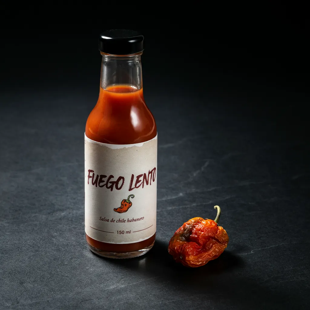 A hot sauce bottle with a cream label and an illustrated chili