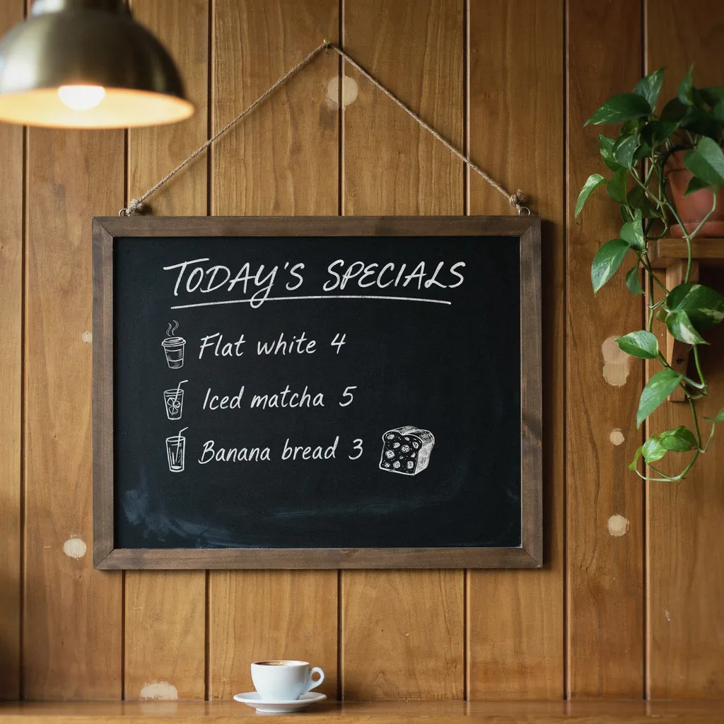 A cafe chalkboard lists drinks and banana bread with small drawings