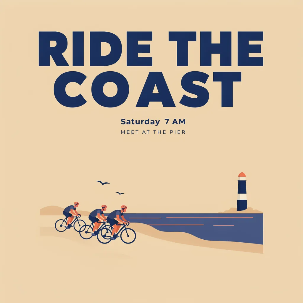 A cycling poster shows three riders, the sea and a lighthouse