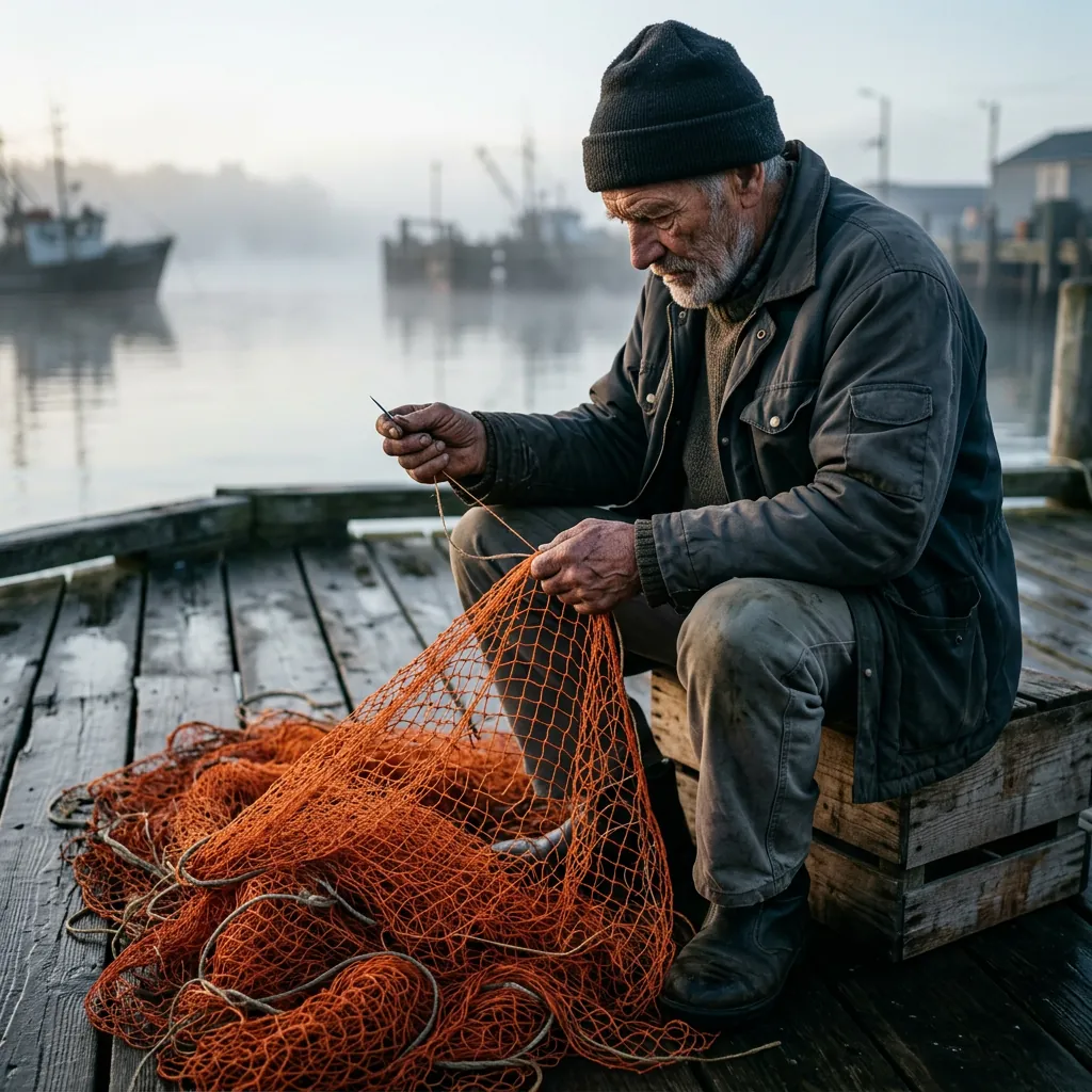 An elderly fisherman mends a bright orange net on a misty wooden dock at dawn