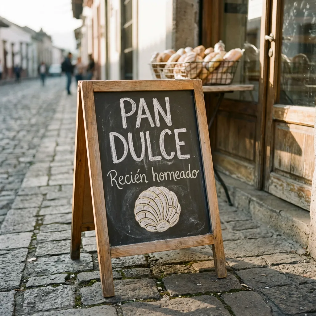 A chalkboard sign reading Pan dulce, Recién horneado outside a bakery on a cobblestone street