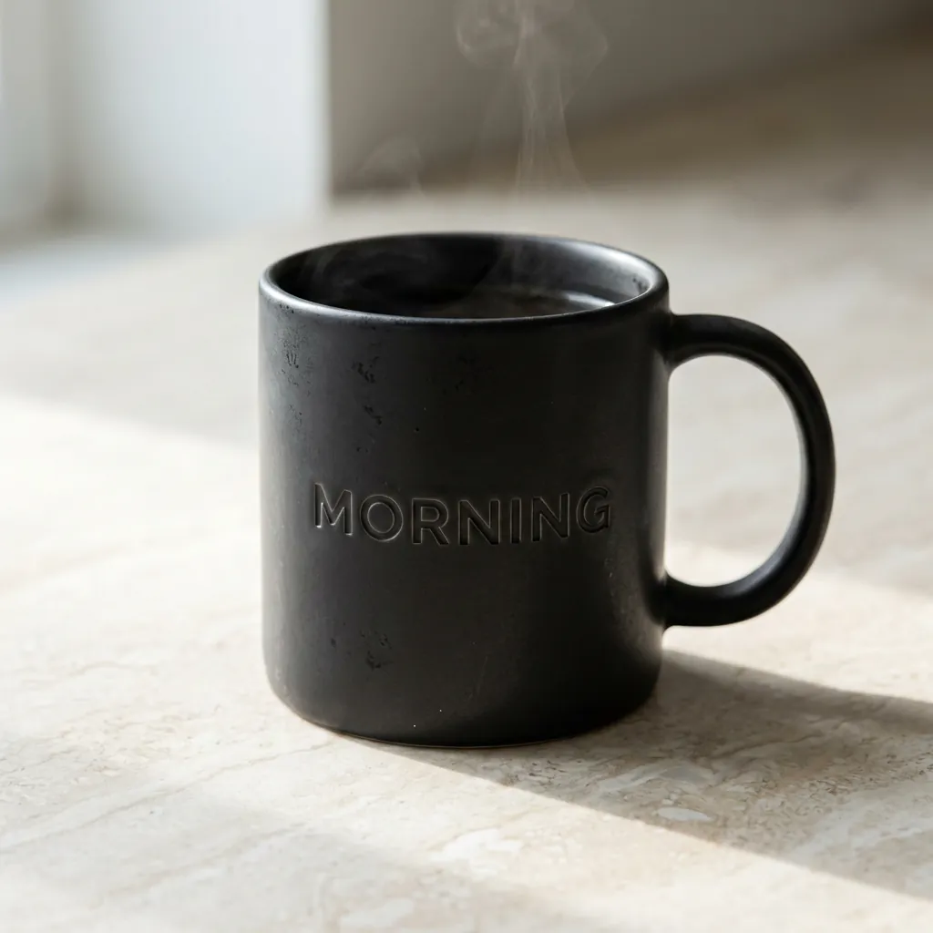 A matte black coffee mug with the word MORNING debossed on its side, steam rising in soft window light