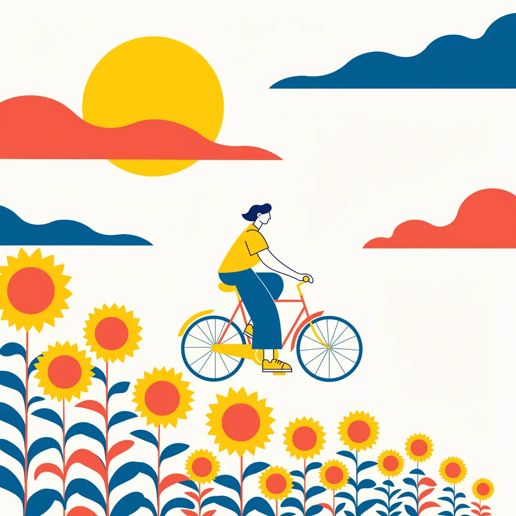 Ilustración plana de una ciclista que pasa entre girasoles bajo un sol amarillo
