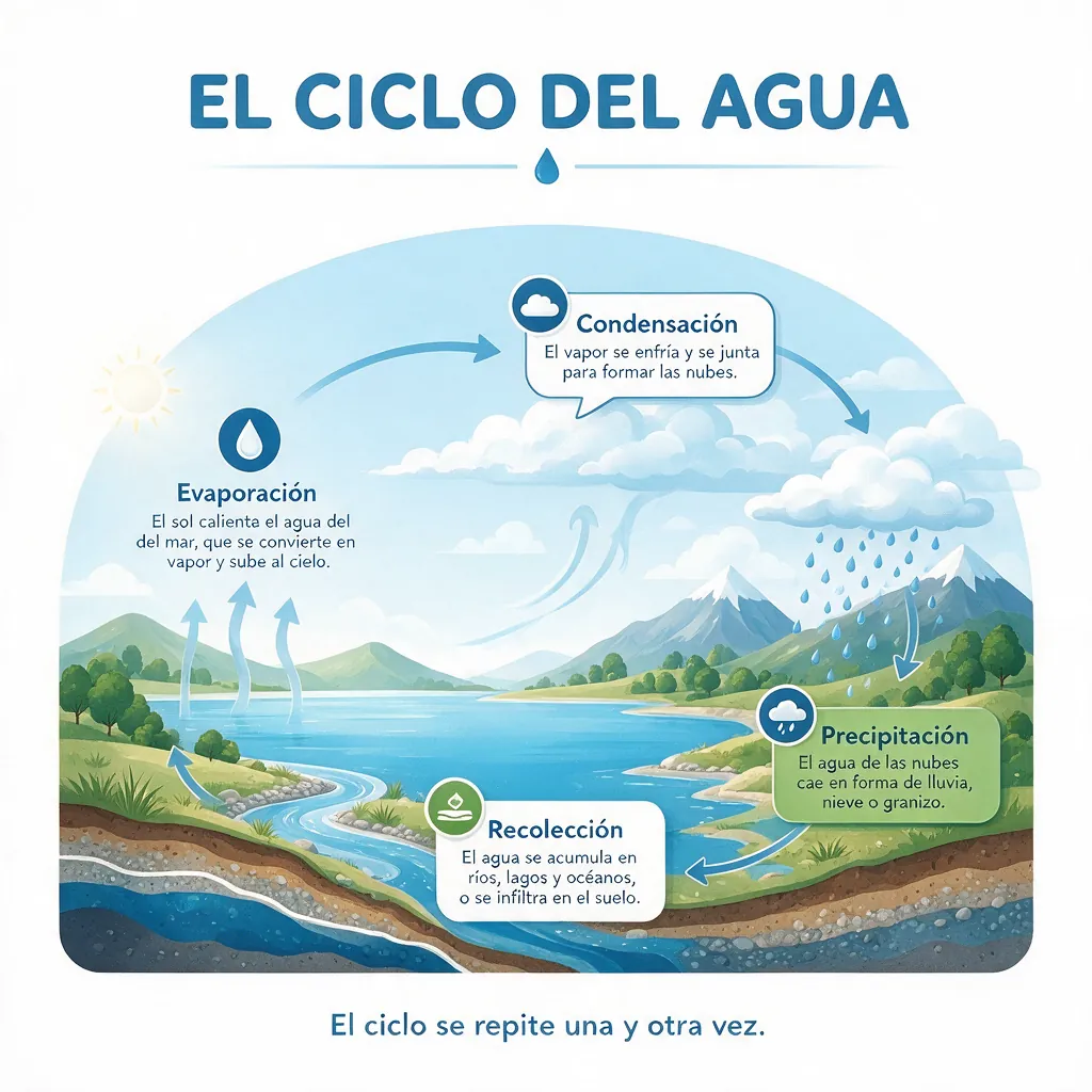 A Spanish infographic titled El ciclo del agua, with four labeled stages over a lake and mountains