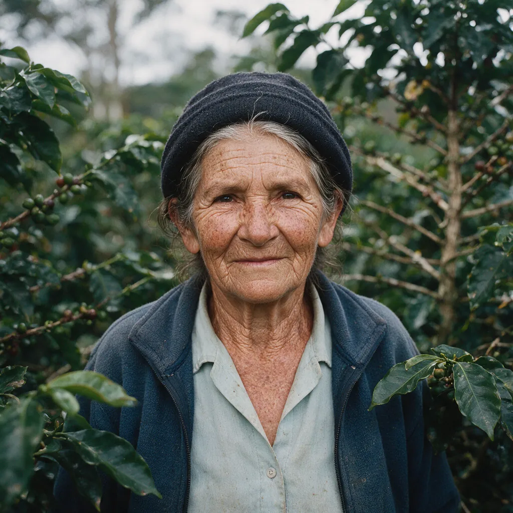 Close-up portrait of an older woman with freckles and deep wrinkles among coffee shrubs