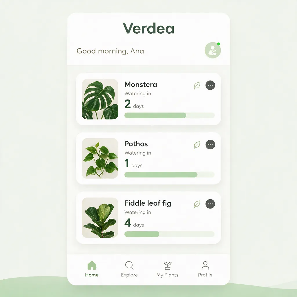 A plant care app screen called Verdea, with three plant cards and watering countdowns