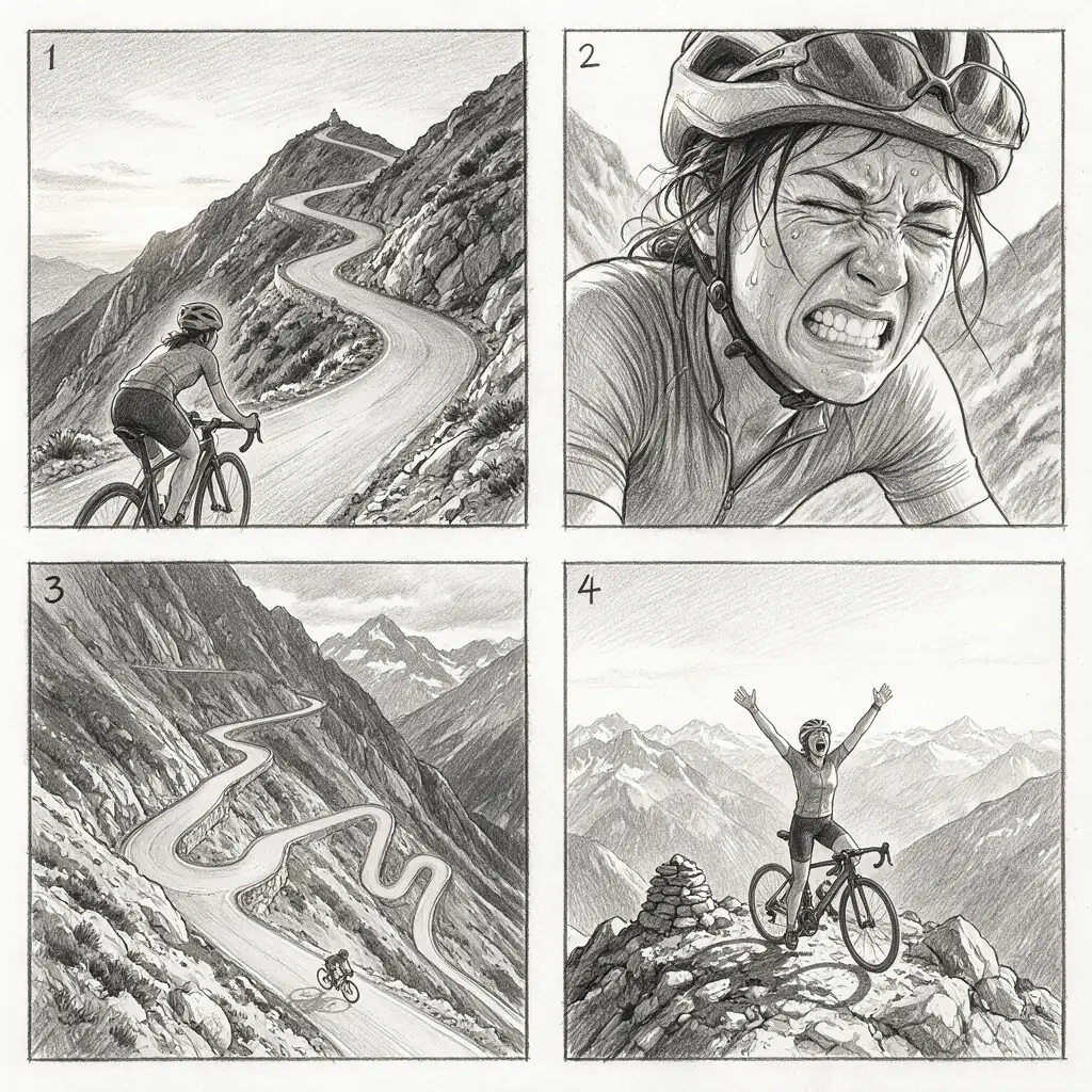 A pencil storyboard in four numbered panels of a cyclist climbing a mountain road to the summit