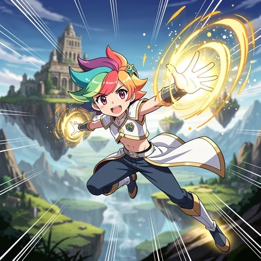 Ilustración de estilo anime de un joven mago de pelo arcoíris que salta hacia adelante lanzando anillos de energía dorada sobre un paisaje de fantasía con islas flotantes