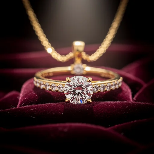 Anillo de compromiso de oro con un gran diamante sobre un cojín de terciopelo burdeos, con una cadena de oro colgando detrás