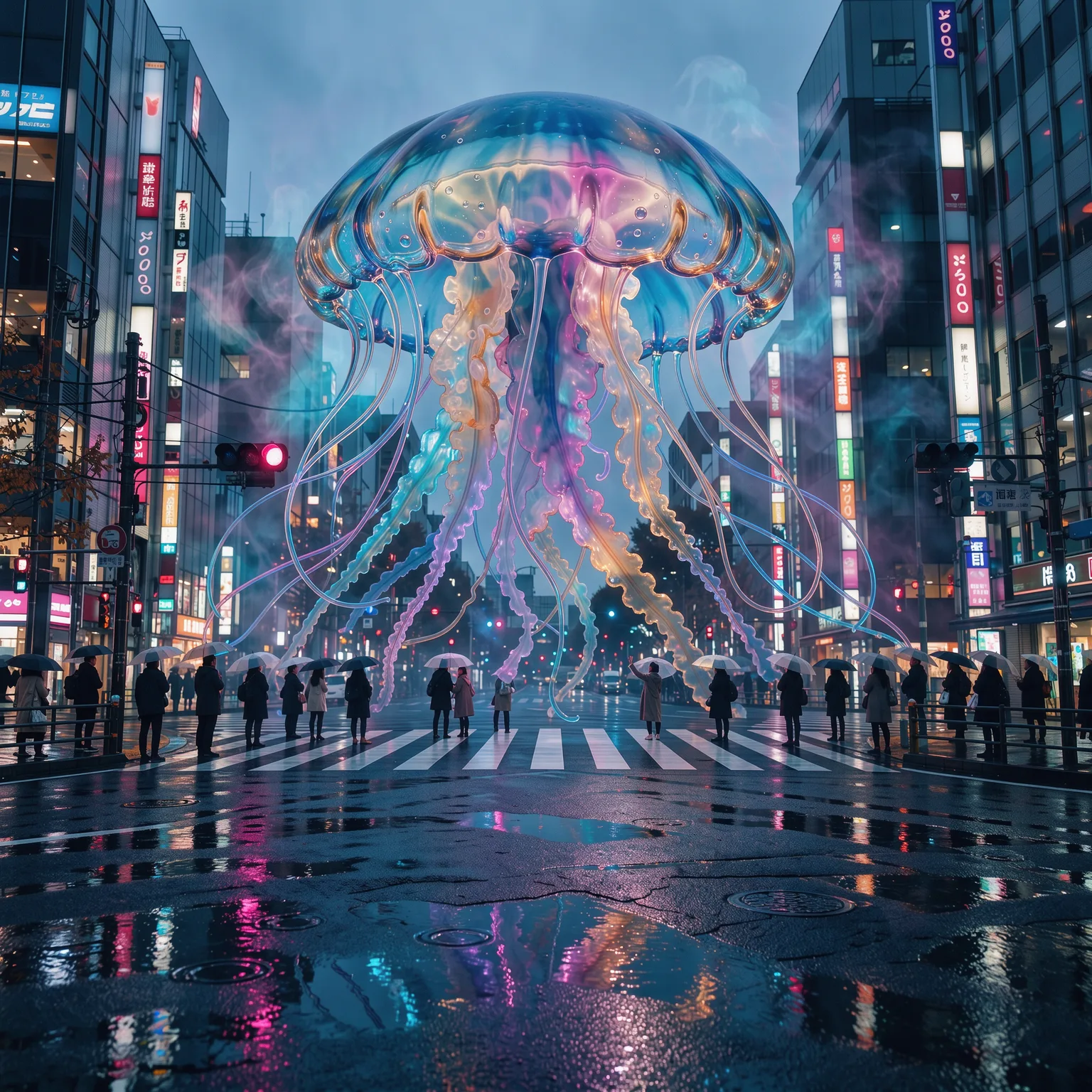 Arte digital surrealista de una medusa gigante e iridiscente con tentáculos de neón brillantes flotando sobre una calle lluviosa de Tokio al anochecer, sobre una multitud de peatones con paraguas