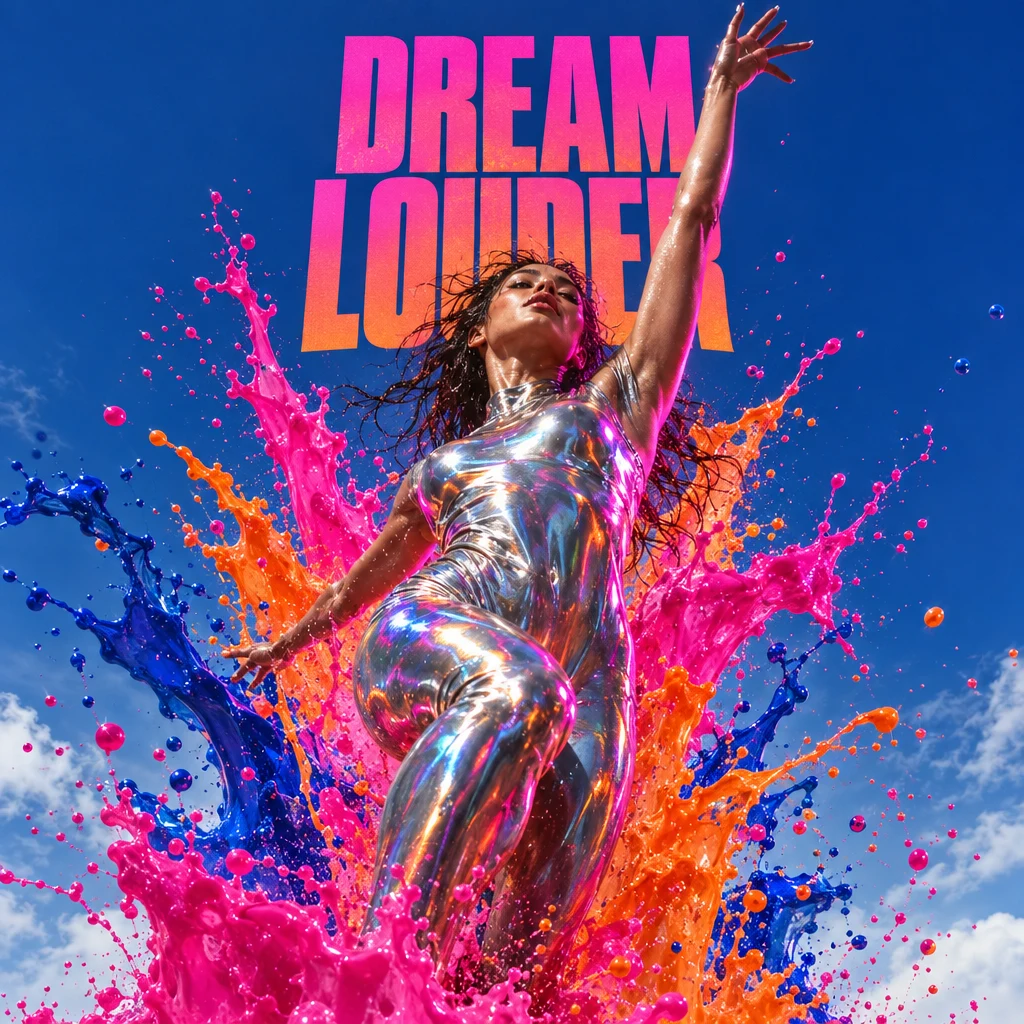 Mujer con un body cromado reflectante que salta entre salpicaduras de pintura rosa neón, naranja y azul contra un cielo azul, bajo las palabras DREAM LOUDER