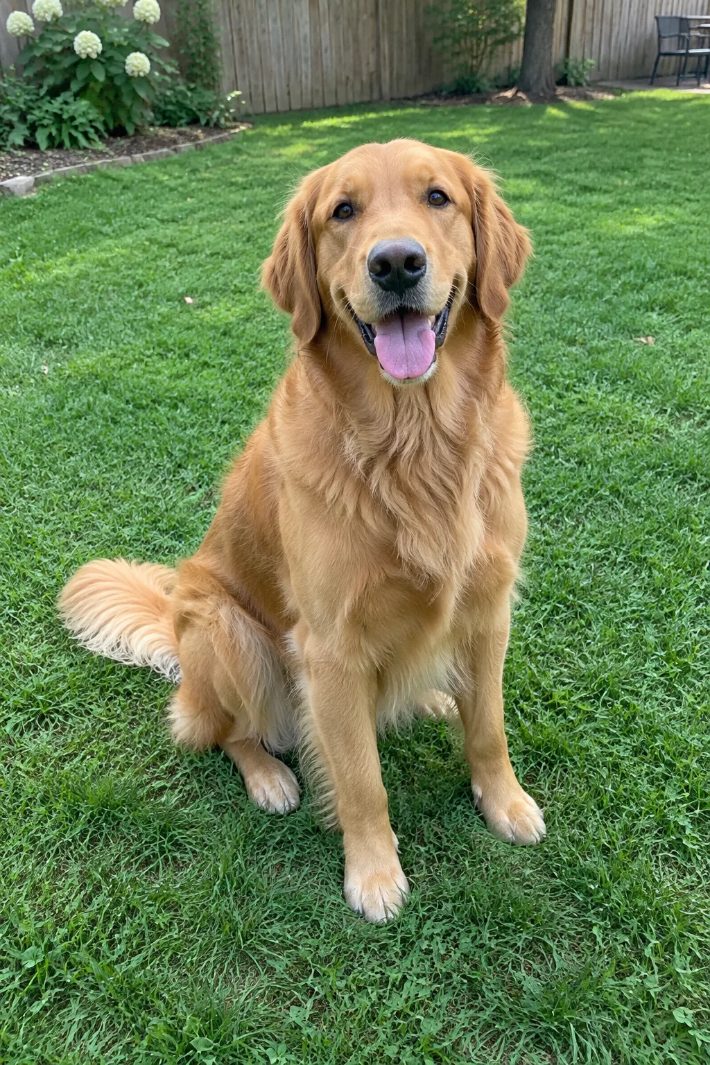 Golden retriever sitting on the grass in a backyard, tongue out