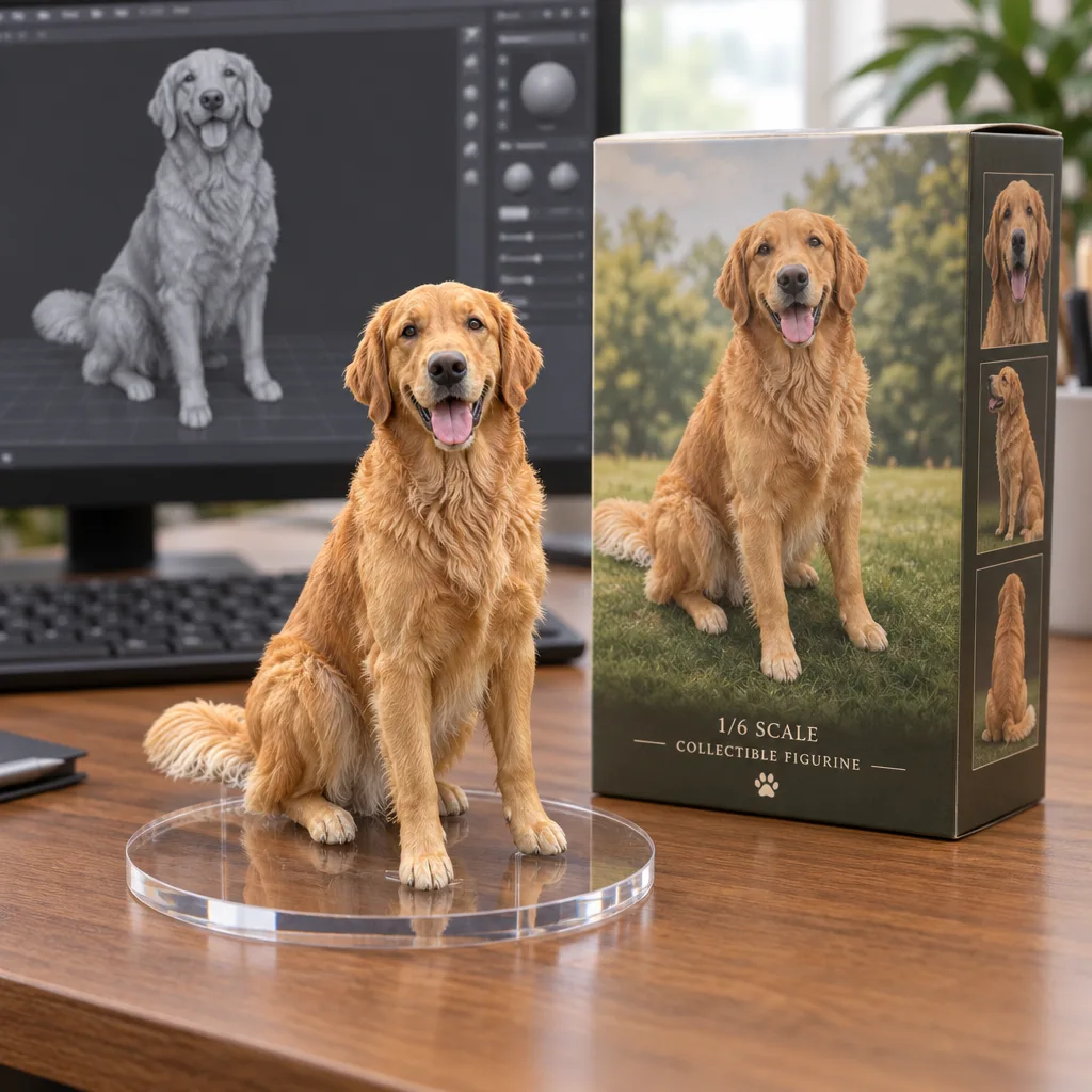 The golden retriever as a collectible figurine on a clear base on a wooden desk, next to its box and its grey 3D model on a monitor