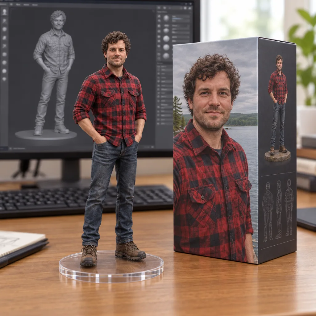 The same man as a figurine on a clear base on a desk, next to a box with his portrait and his 3D model on a monitor
