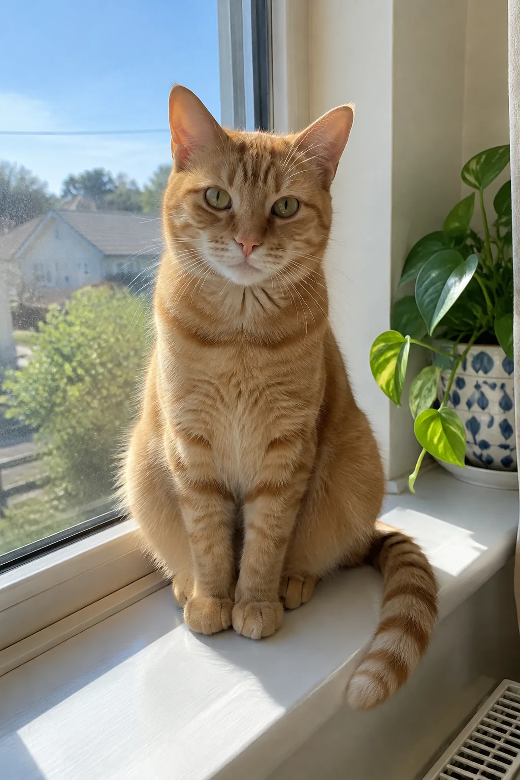 Orange tabby cat sitting on a sunny windowsill