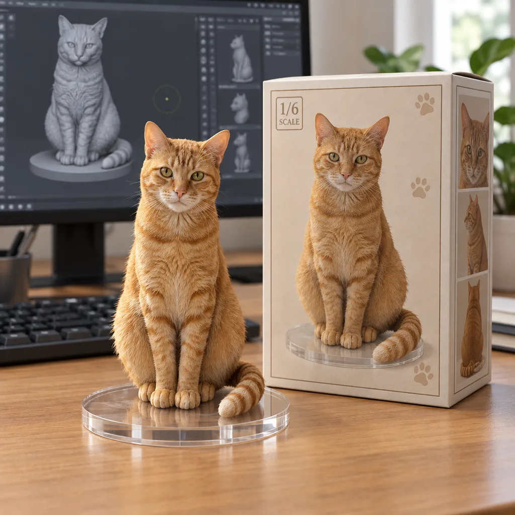The orange tabby as a figurine on a clear base, next to a box printed with the cat and its 3D model on screen