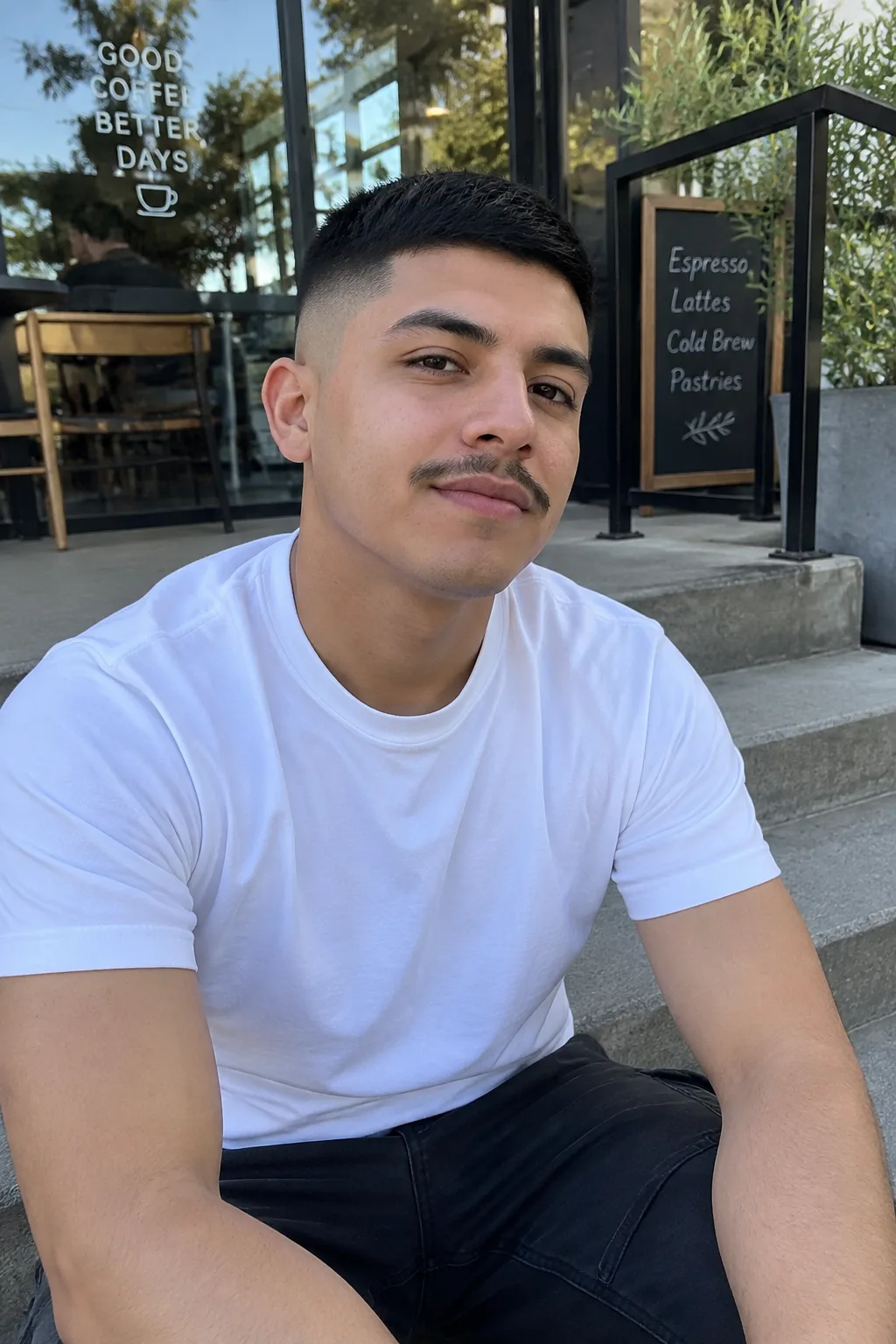Joven con corte degradado y bigote fino con una camiseta blanca, sentado en unos escalones frente a un café