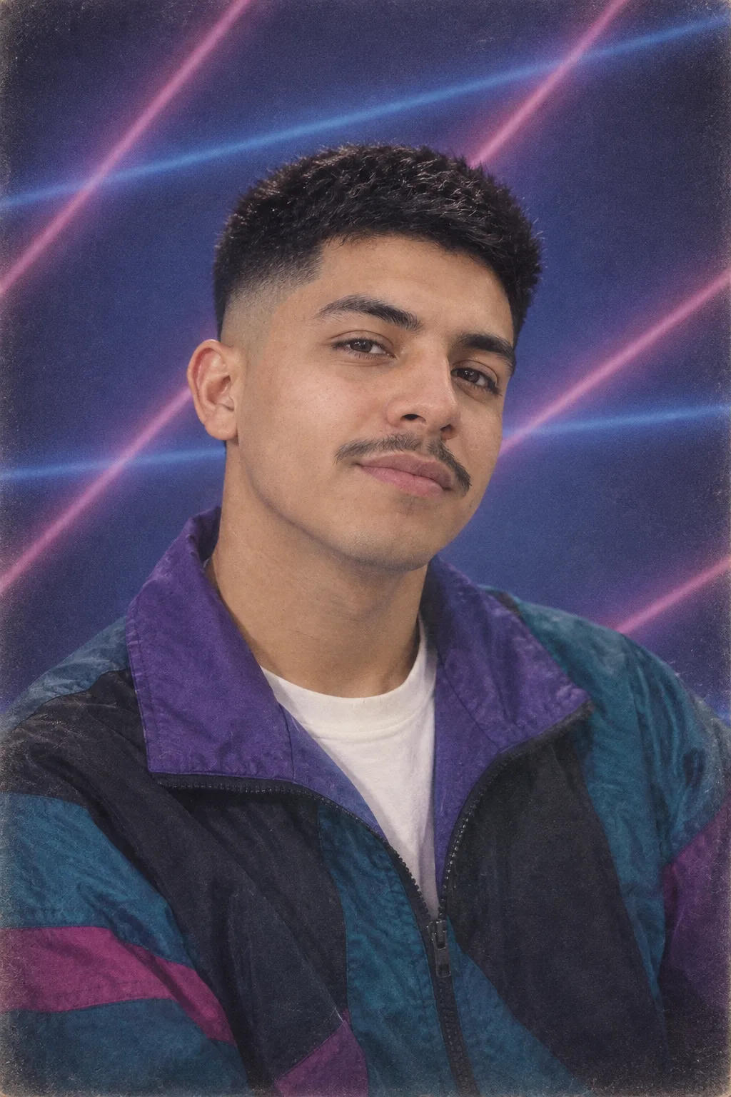 El mismo joven en un retrato de anuario de los 90 con una chaqueta cortavientos de bloques de color y la cabeza un poco inclinada, frente a rayos láser