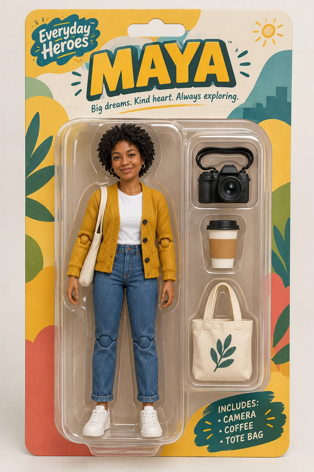 The same woman as an action figure in blister packaging labeled MAYA, with a camera, a coffee cup and a tote bag in their own slots