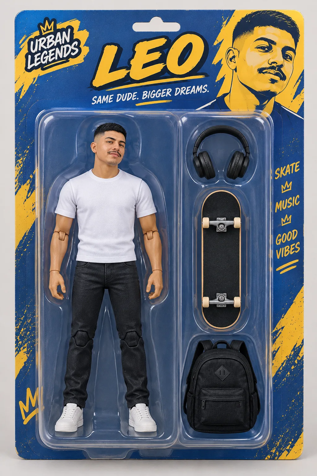 The same man as an action figure in blue blister packaging labeled LEO, with headphones, a skateboard and a backpack