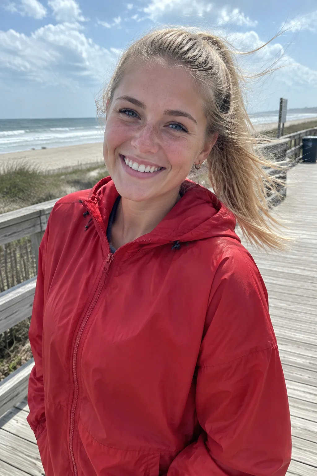Young woman with a blonde ponytail and freckles in a red windbreaker, on a beach boardwalk