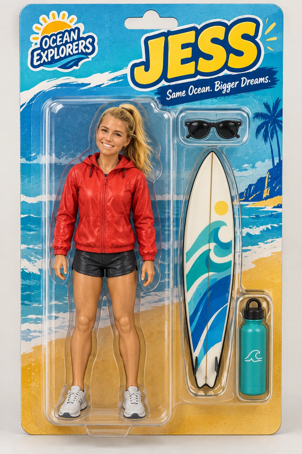 The same woman as an action figure in beach-themed blister packaging labeled JESS, with sunglasses, a surfboard and a water bottle