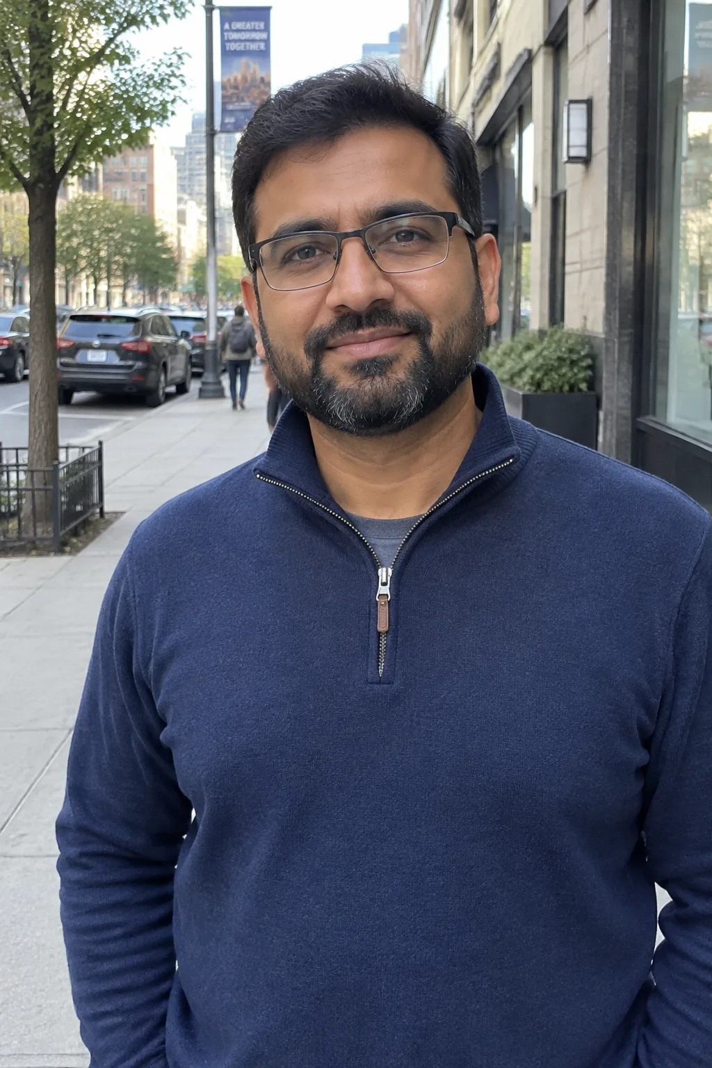 Middle-aged man with a trimmed beard and glasses in a navy quarter-zip sweater, on a city sidewalk