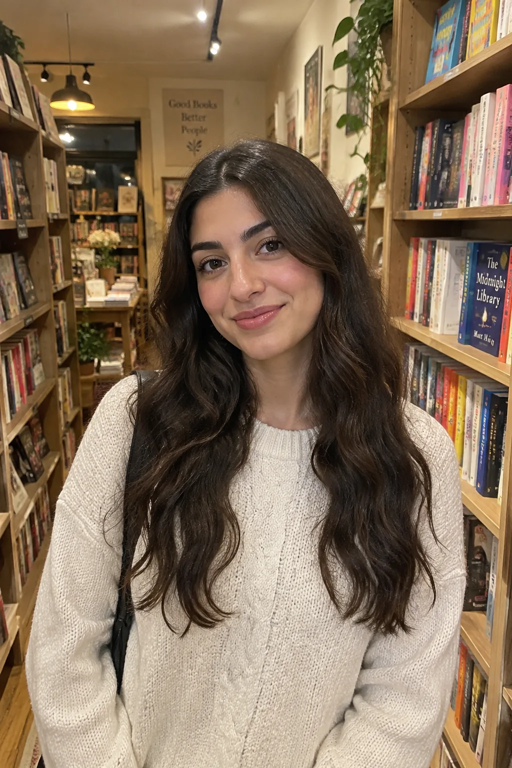 Young woman with long wavy dark hair in a cream knit sweater, in a bookshop
