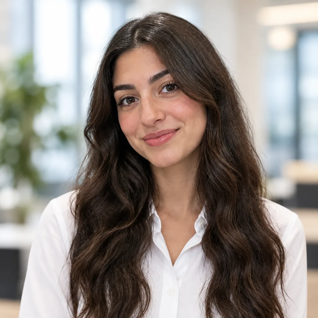 The same woman in a smart casual headshot: a white button-up shirt against a softly blurred, bright office