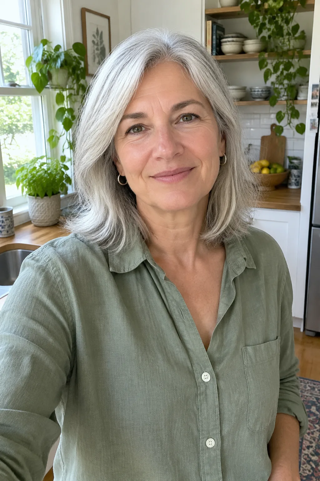 Woman with silver shoulder-length hair in a sage green linen shirt, in a bright kitchen
