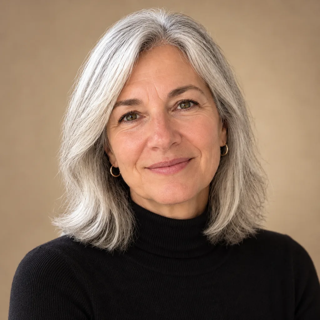 The same woman in a creative headshot: a black turtleneck against a warm beige studio backdrop
