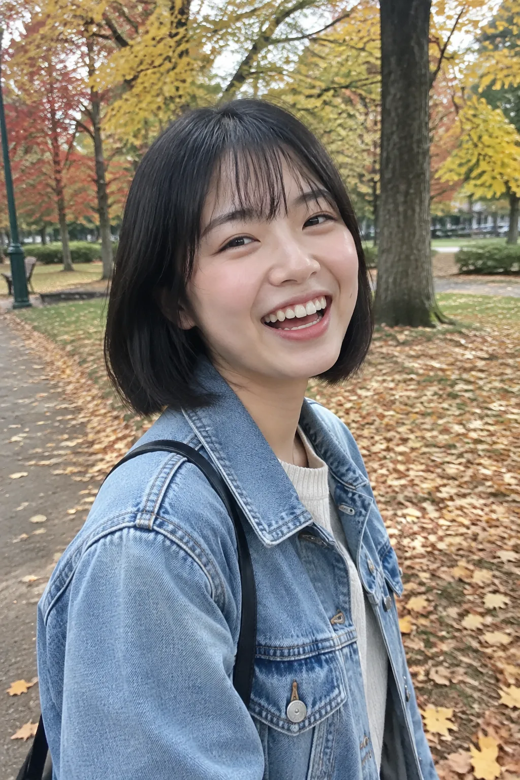 Young woman with a black bob and bangs in a denim jacket, laughing in a park in autumn