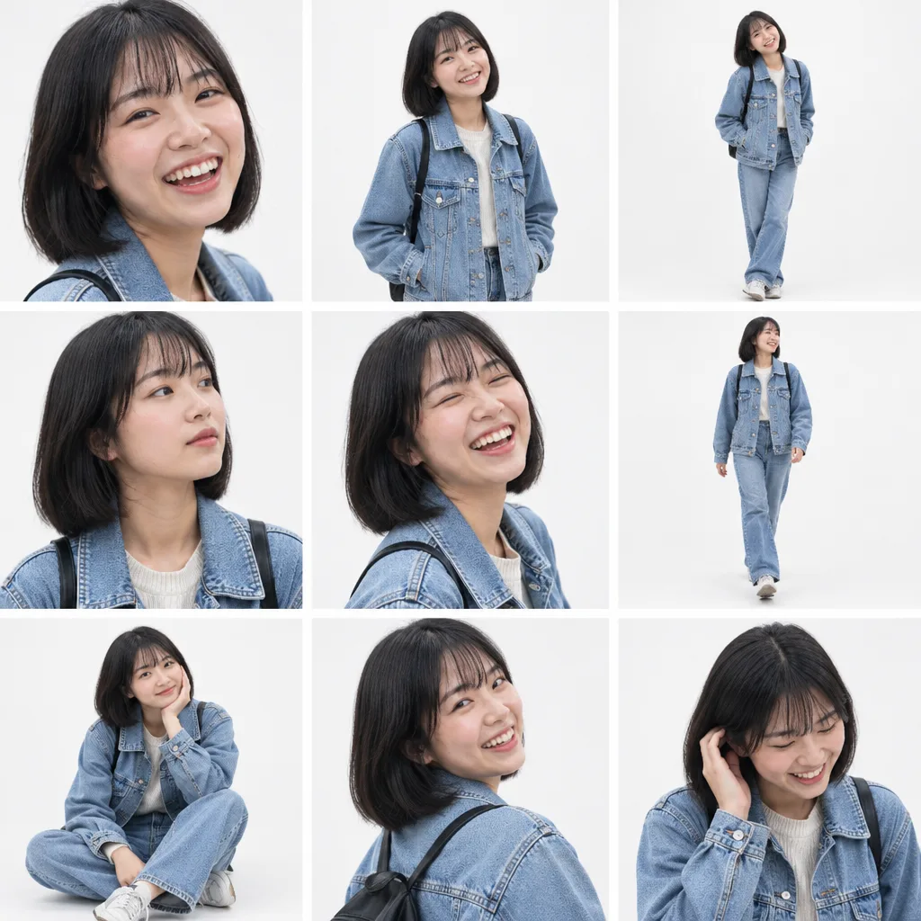 A 3x3 grid of the same woman in a denim jacket in nine poses on a white studio backdrop, from close-ups to full body