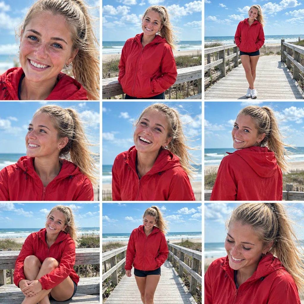 A 3x3 grid of the same woman in a red windbreaker in nine poses under a bright blue sky by the sea
