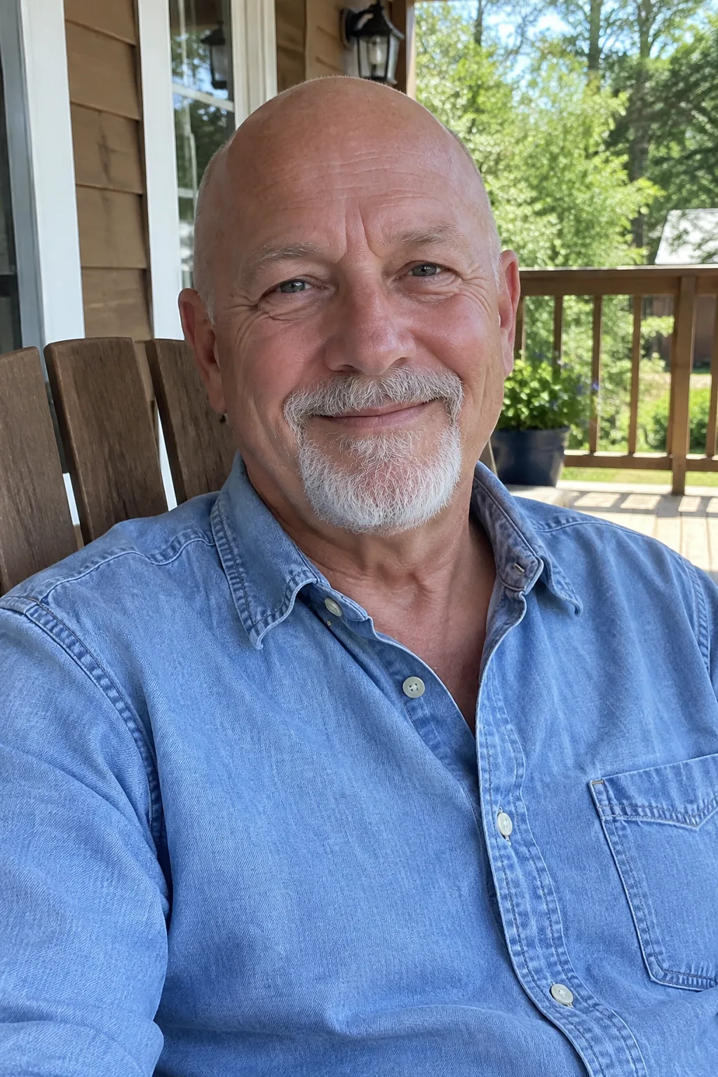 Bald man in his sixties with a white goatee in a light blue denim shirt, on a sunny porch