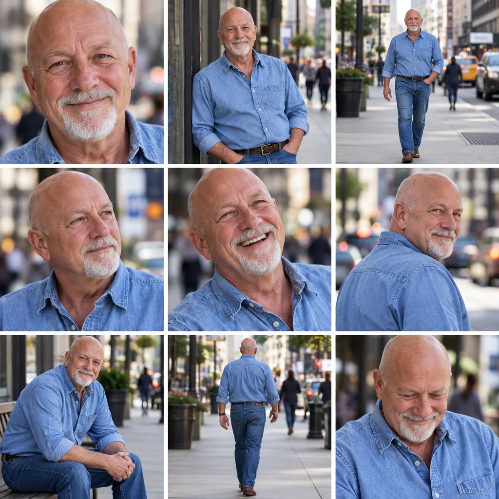 A 3x3 grid of the same man in nine poses on a city street: close-ups, walking, sitting on a bench and laughing