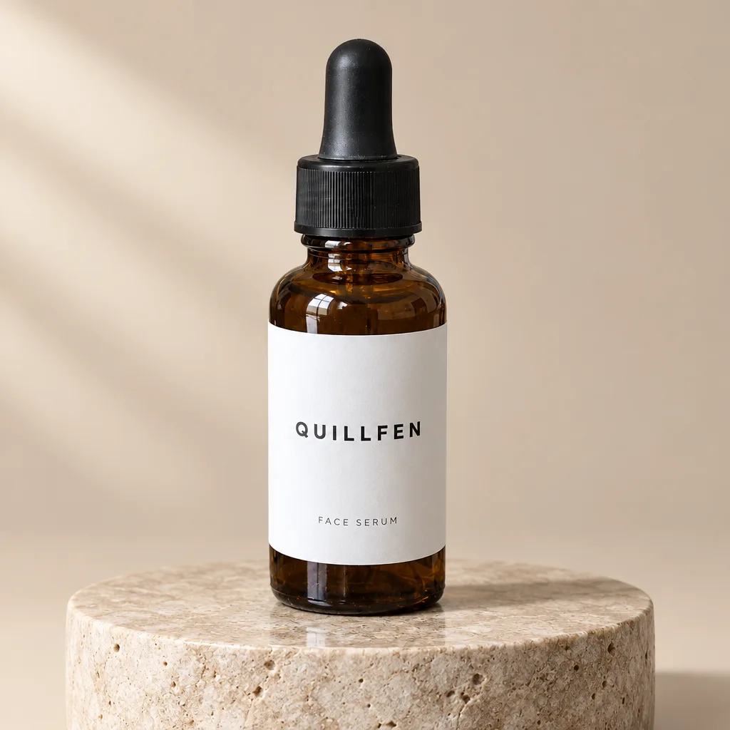 The same bottle with its label unchanged, on a round travertine stone pedestal in soft warm studio light against a beige background