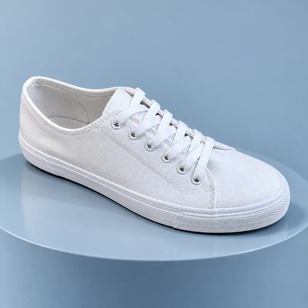 The same sneaker on a pale blue cylinder podium against a soft blue studio background