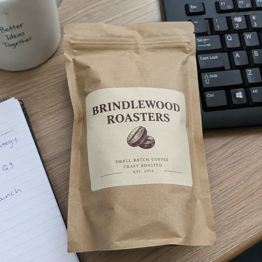 Kraft paper coffee bag with a cream label reading BRINDLEWOOD ROASTERS lying on an office desk