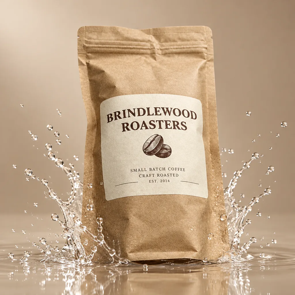 The same coffee bag with its label unchanged, standing on a glossy beige surface with water splashing around it