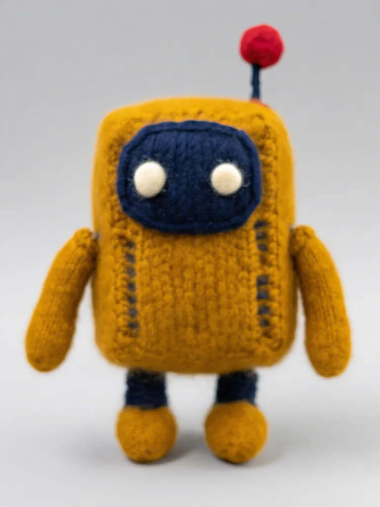 A knitted mustard-yellow robot plush with a navy face, white felt eyes, mitten hands and a red antenna ball