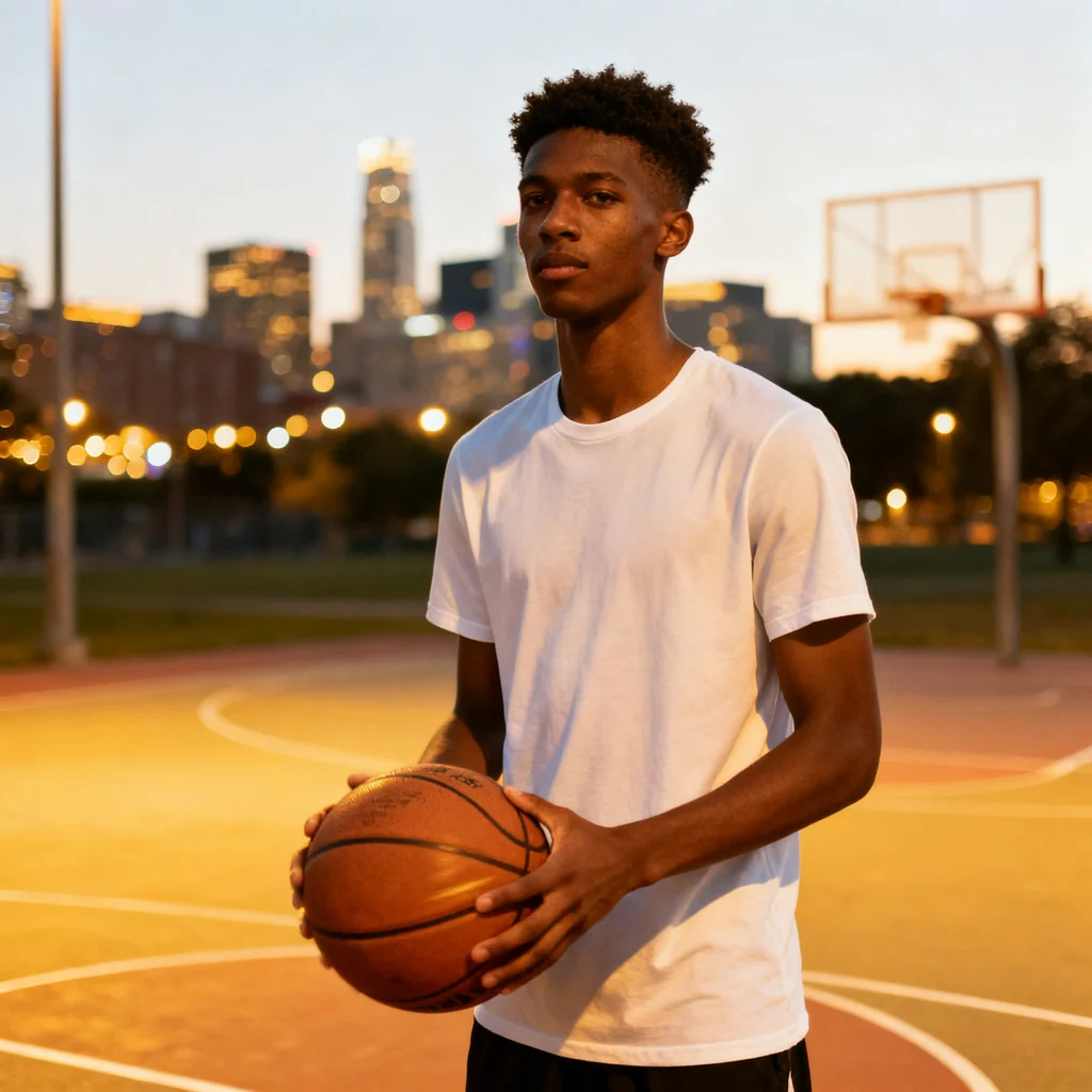 Young man holding a basketball on an outdoor court at dusk, with a city skyline behind him